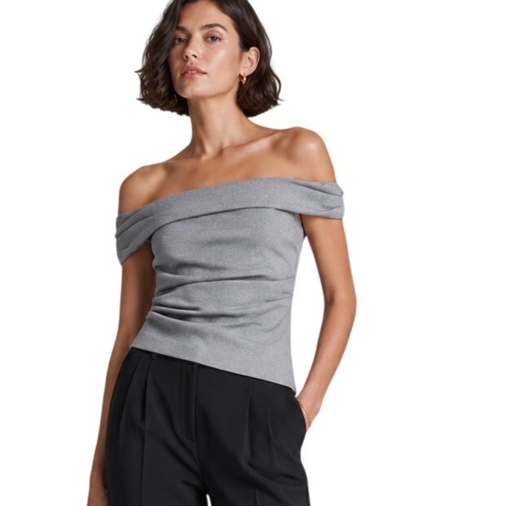 ZARA Gray Draped Off Shoulder Top M Ruched Corporate Chic Minimalist